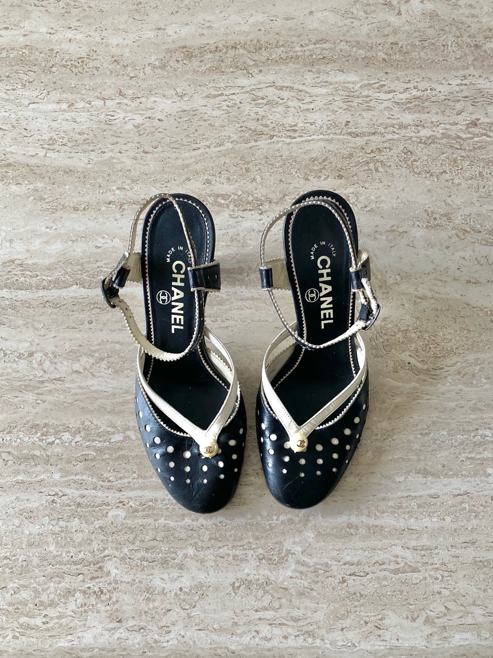 Vintage Chanel Perforated Leather CC Pearl Ankle Strap Heels